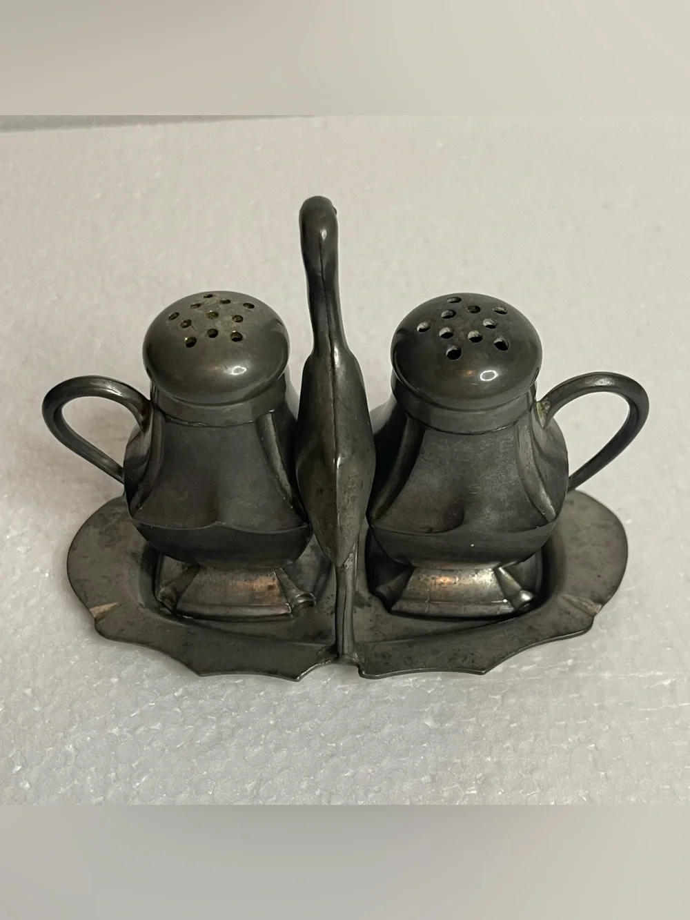 VTG Old Colonial Genuine Pewter Salt And Pepper Shakers Tray Stork Crane Handle
